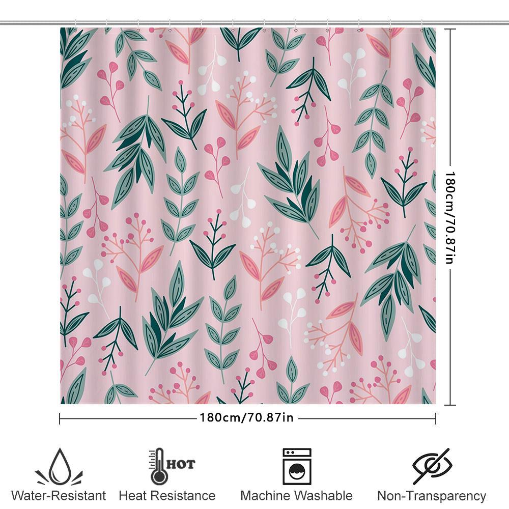 Waterproof Shower Curtain Greenery Leaves Pattern Decorative Bath Liner Pink Color For Bathroom Accessories Decoration Size72X84