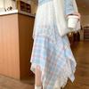 Korean Style Preppy Asymmetric Lace-Plaid Patchwork Midi Skirt for Women - Summer High-Waist A-Line Long Skirt