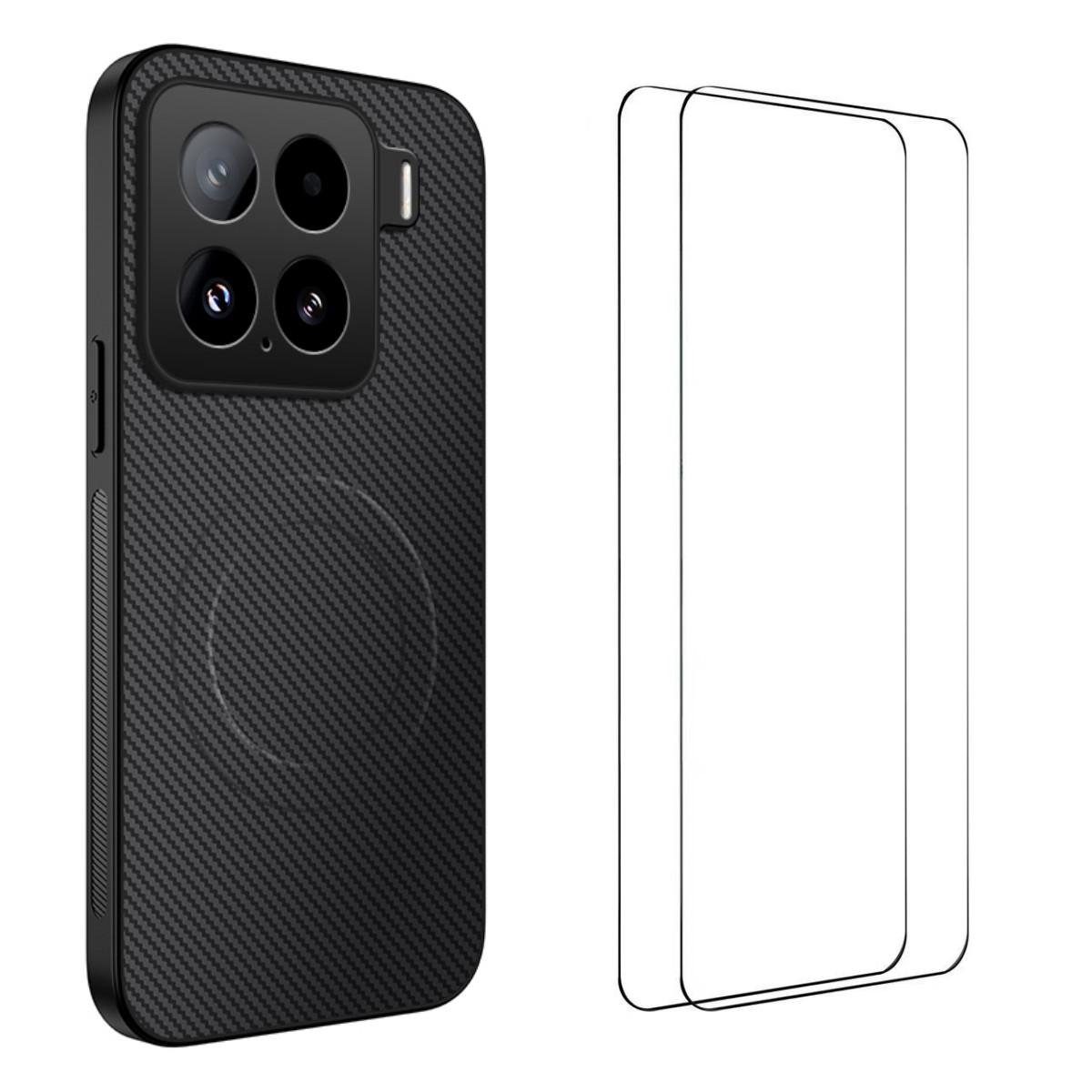 

For Xiaomi 15 Magnetic Case WANLONFENG TQ1 Series Carbon Fiber Texture PC TPU Phone Cover with 2Pcs Screen Films Black