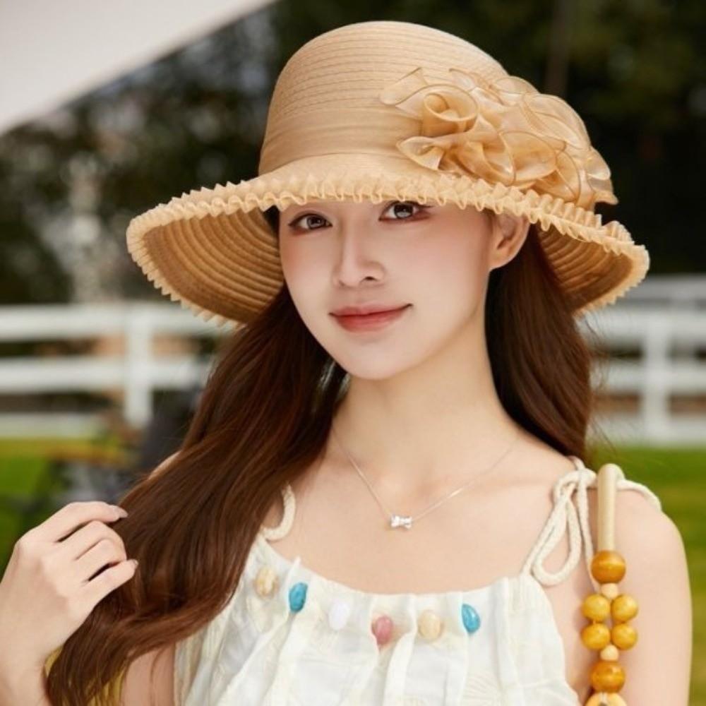 Korean Organza Women's Sun Hat Summer Floral Design Bucket Hat UV Resistant Large Brim Basin Hat Outings Cool Hat