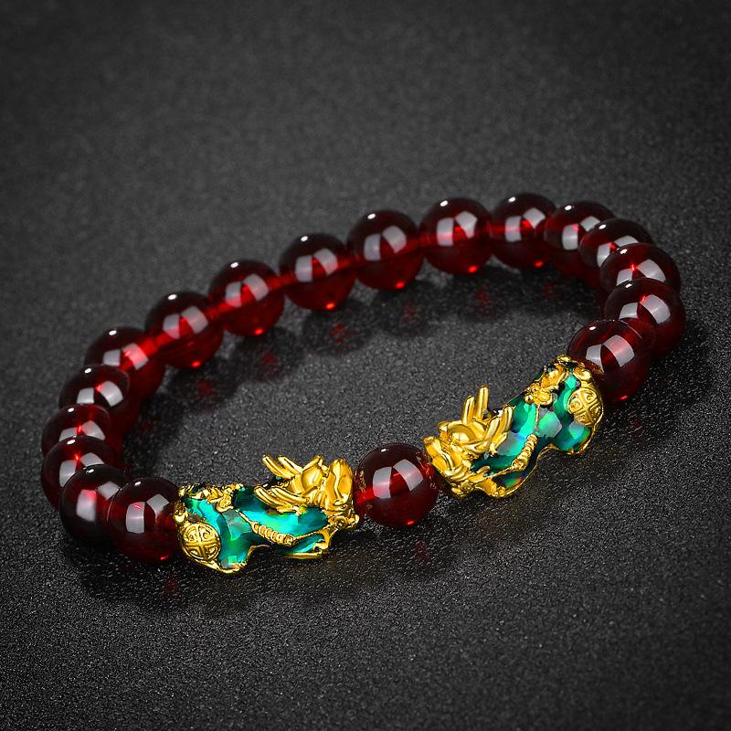 Vietnamese Sand Gold Pixiu Bracelet with Imitation Hetian Jade & Green Agate Beads, Women's Discoloring Stone, TikTok Style.