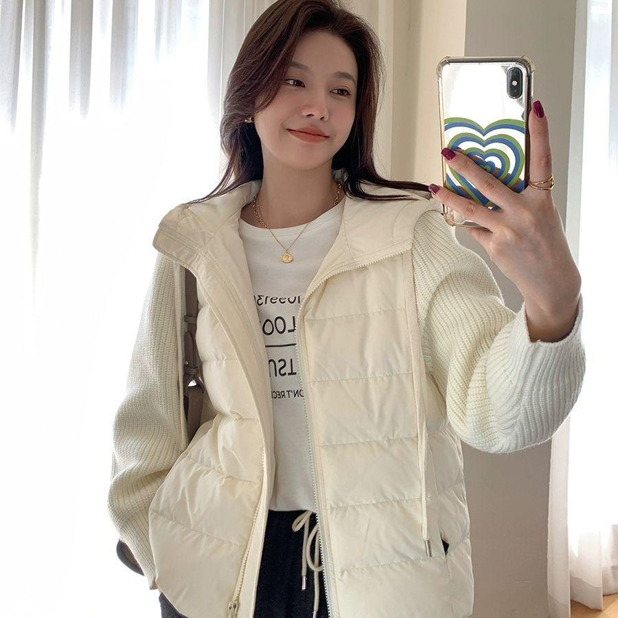 Light and Thin Down Jacket Women's New Simple Short Fashion Design Sense White Duck Down Hooded Knitted Splicing Jacket