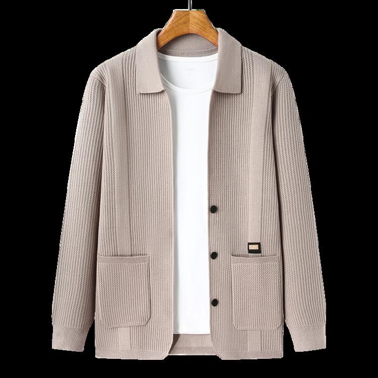 Men'S Mid-To-High-End Spring And Autumn Thin Jacquard Cardigan Real Pocket Sticker Casual Loose Simple Knitted Long Sleeves