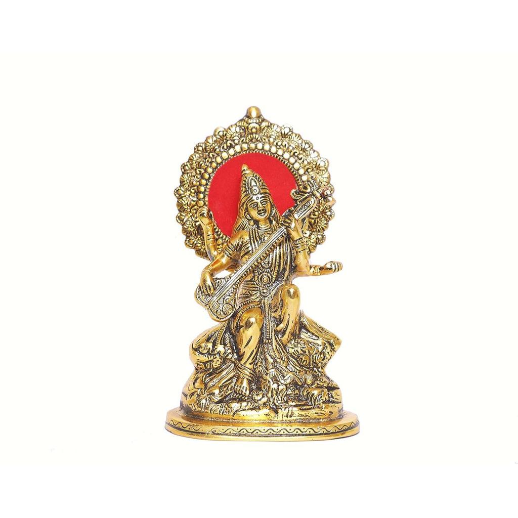Gold Plated Maa Saraswati Metal Statue,Hindu Goddess Saraswati Ji Murti for Pooja,Meditation
