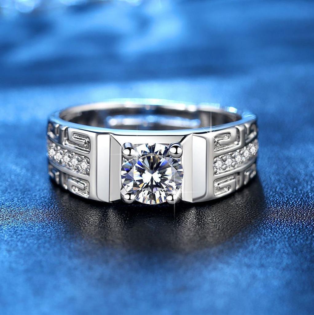 S925 Silver Ring Men's Domineering Zircon Open Wedding Ring Gold-plated 18K Gold Great Wall Pattern Men's Ring