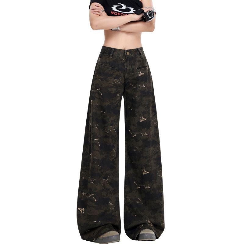 

American Camouflage Cargo Pants Women 2025 Summer Thin High Waist Slim Looking Loose Pants Loose Drooping Straight Denim Fan Color pants 156-165 XL