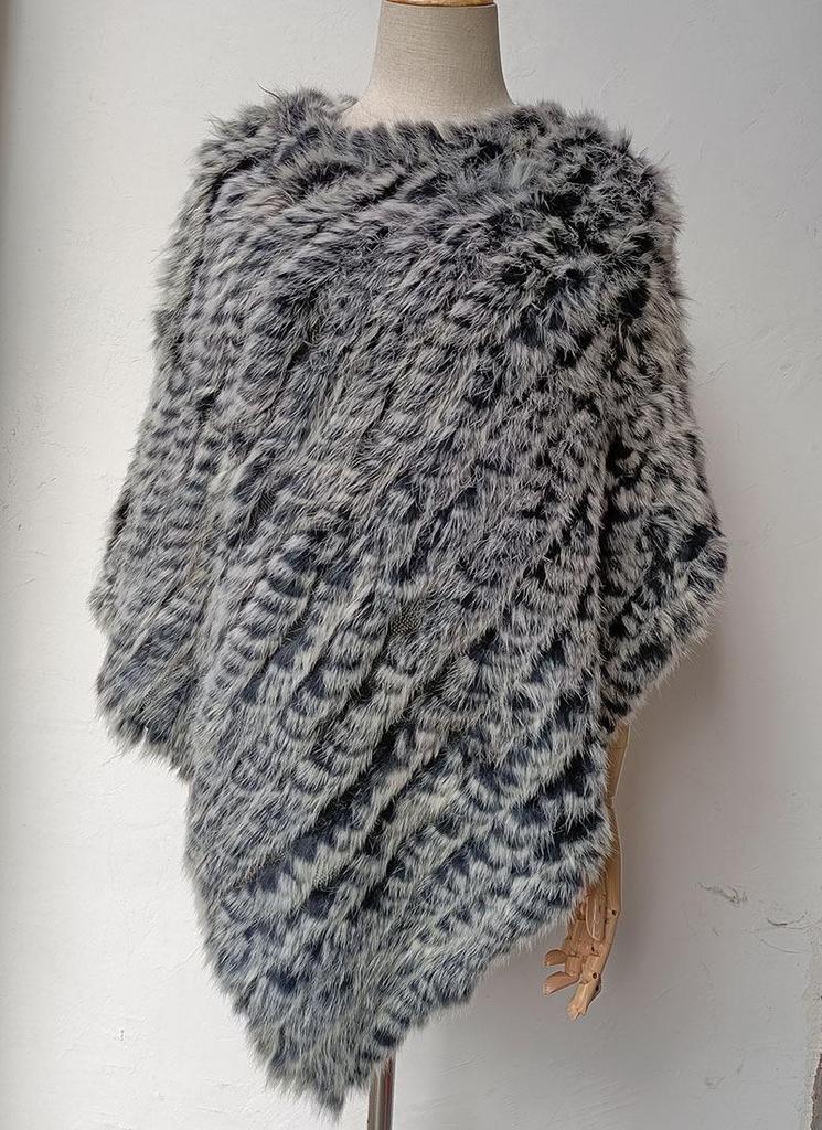 2022 Autumn/Winter Handmade Real Rabbit Fur Knit Triangle Shawl & Women's Pullover Cloak