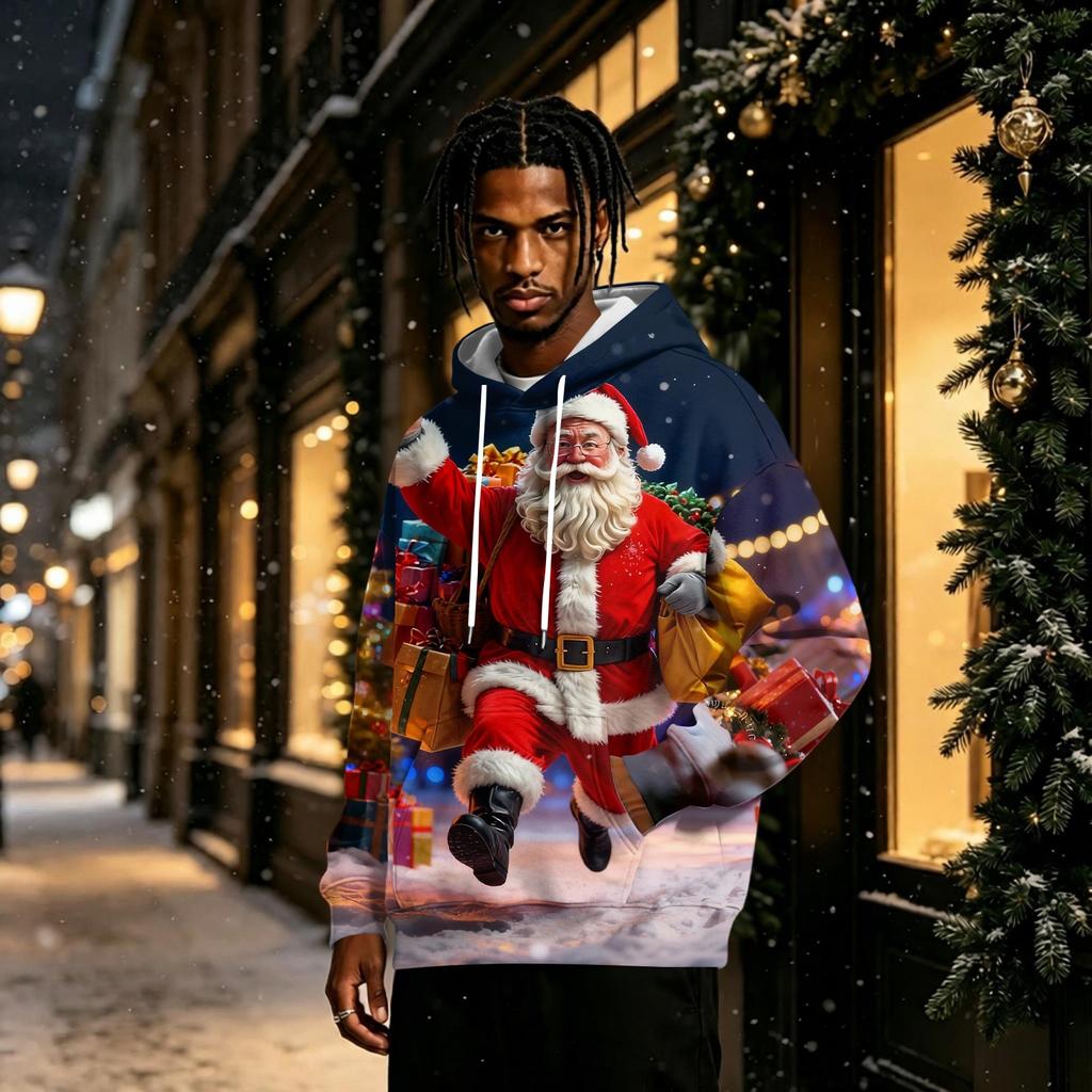 Men's Christmas Print Trendy -Lined Pullover Hoodie Long Sleeve Sweatshirt