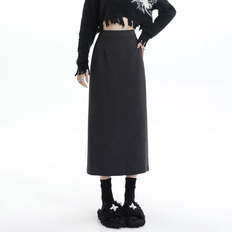 

Women s Gray Woolen Midi Skirt: Back Slit, Fleece-Lined, High-Waist, Mid-Length, A-Line, Bodycon Style for Autumn/Winter. S for 80-94 kg