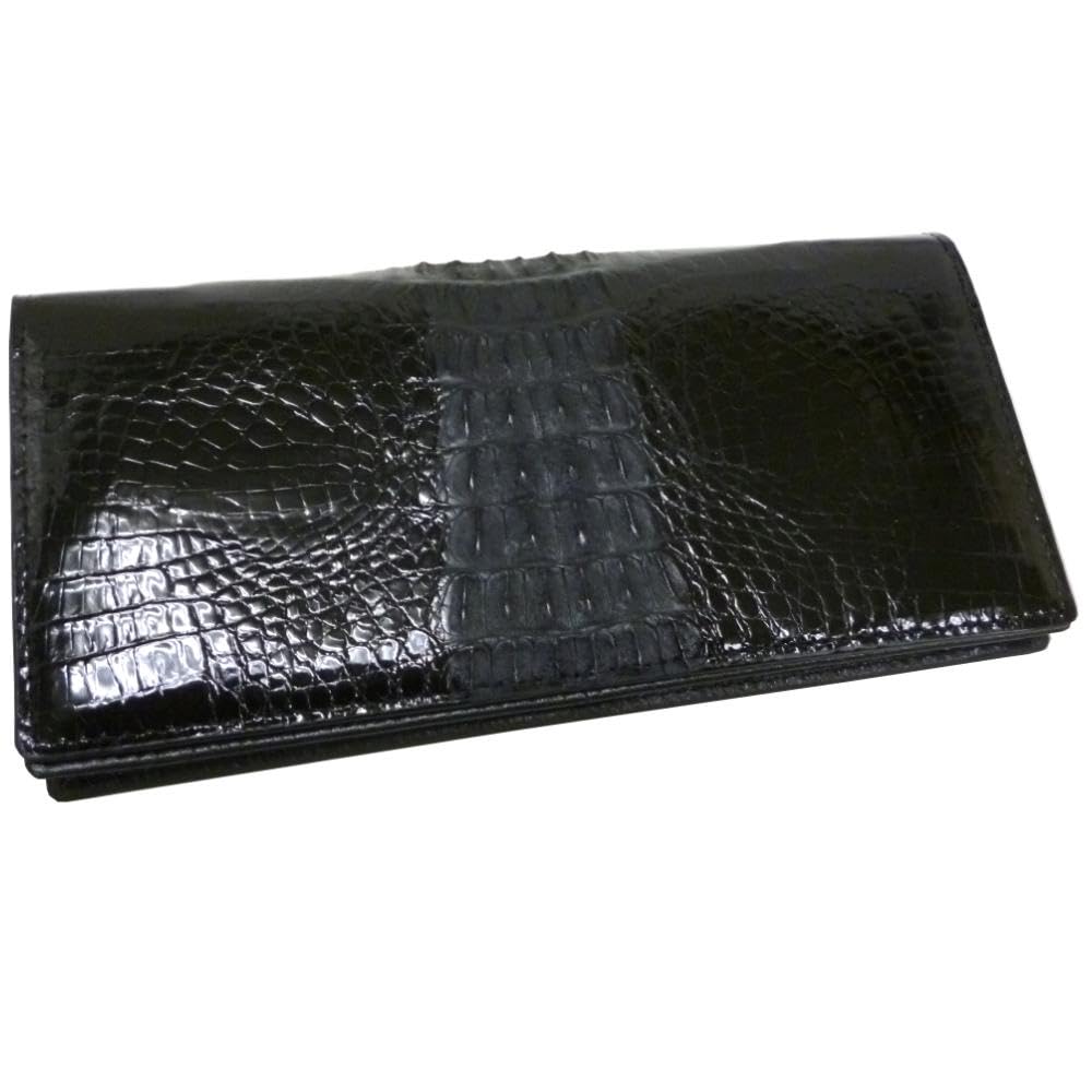 Santa Maria Men's Crocodile Leather Long Wallet with Glossy Back (Black)