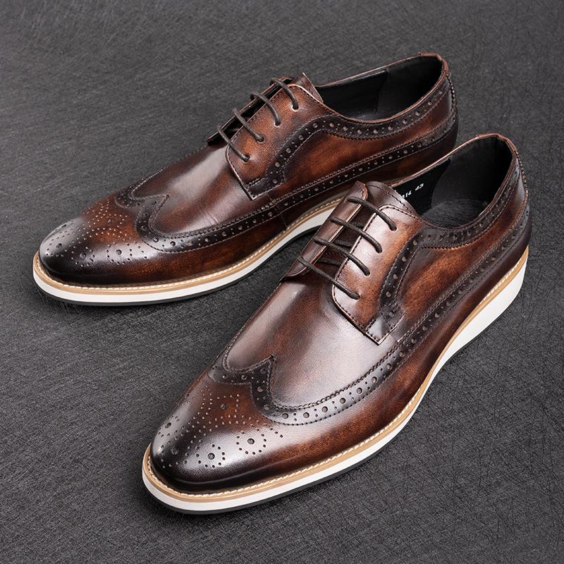 Fashion Classic Brogues Men Shoes Business Office Oxfords Casual Lace Up Fashion Men Suits Shoes Pure Leather Wingtip Retro Dress Shoes