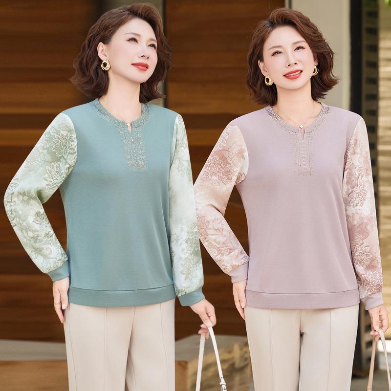 2026 Autumn Long-Sleeve Printed Patchwork Pullover for Middle-Aged and Elderly Women