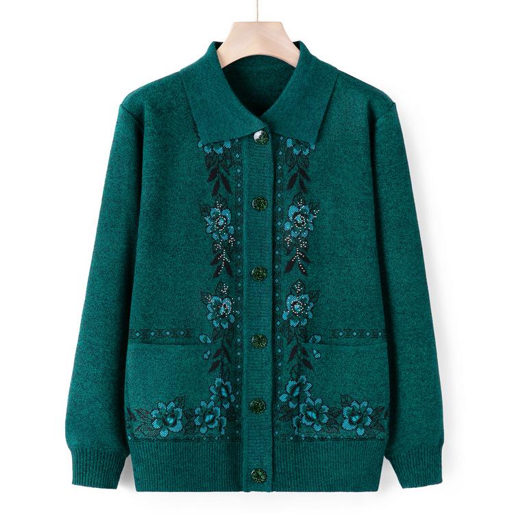 Autumn Lapel Knitted Sweater In The Elderly Cardigan Sweater Jacket Female Mother Autumn and Winter Clothing