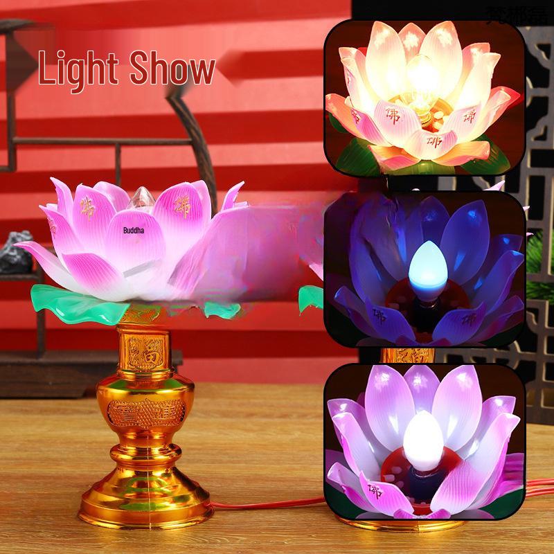 Seven-Color Plug-In Lotus Buddha Altar Offering Lamp with Eternal Light