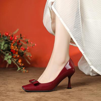 Temperament Single Shoes Women's Spring New Square Head Sheepskin High Heels Fine Heel Patent Leather