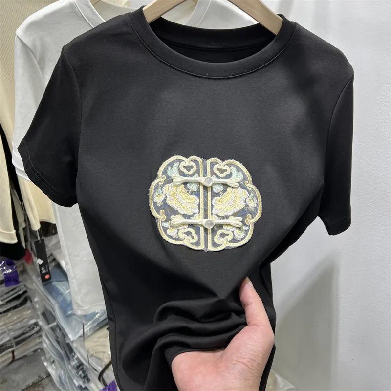 

Niche National Style Embroidered Button Decoration Short-sleeved T-shirt Summer New Pure Cotton Foreign Style Loose T-shirt Top 2XL чорний