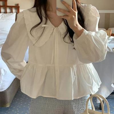 Harajuku Puppe Kragen Weiß Süße Hemd Frauen Lose Nette Lace Up Französisch Tops Weibliche Herbst Mode Lange Ärmeln Solide Shirts dame