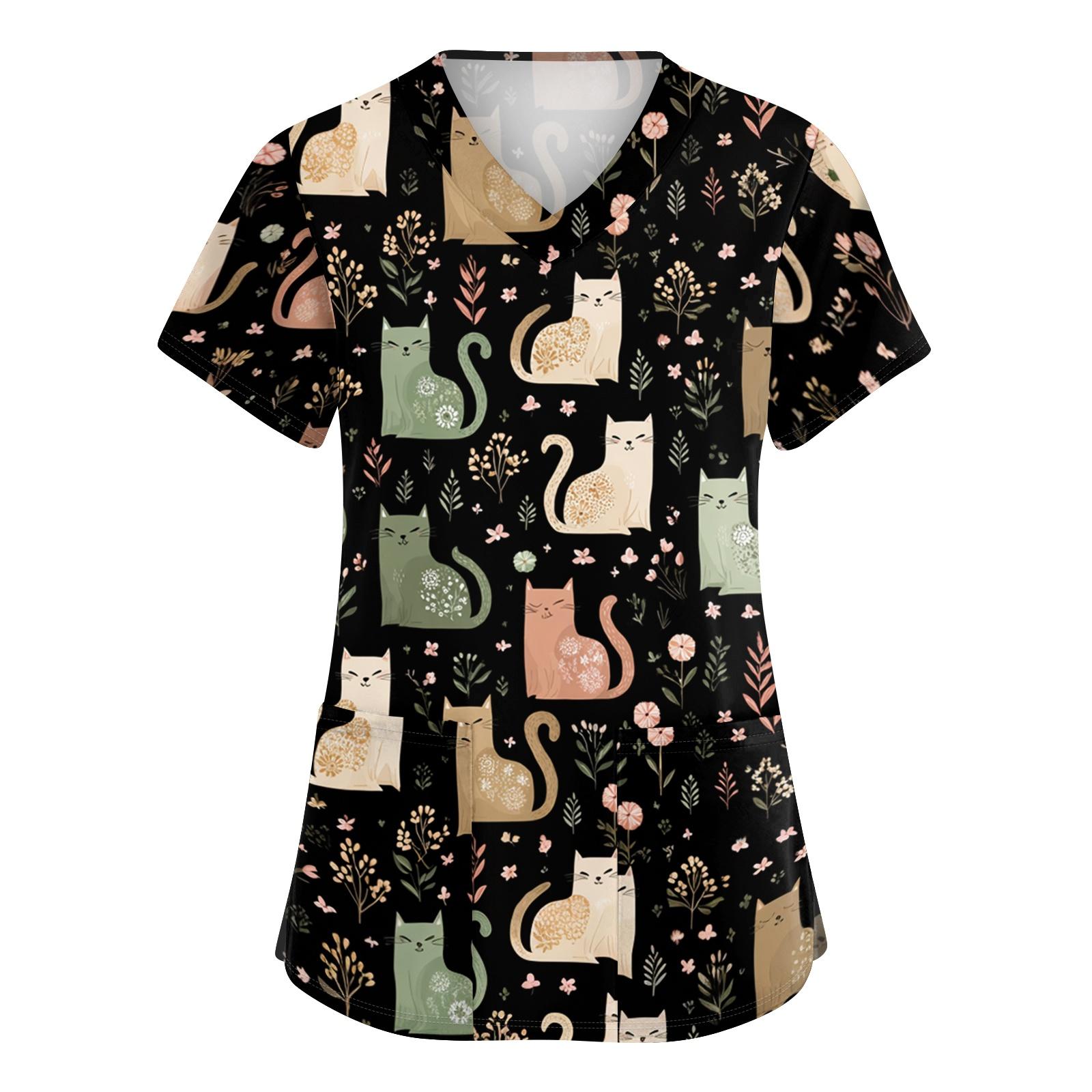 Women s V-Neck Short Sleeve with Pocket - Print Top for Caregivers L
