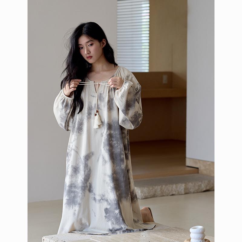 Women's Antibacterial Rayon Cotton Nightgown - Autumn Wabi-sabi Style, Pure Cotton, Long Sleeve, Mid-length Homewear Pajamas