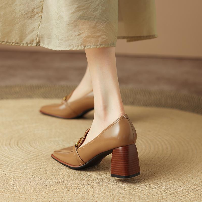 Fashion New Spring Woman Shoes Leather Shoes Women Slip-On Loafers Women Pumps Metal Chain Square Toe High Heels Shoes Zapatos De Mujer