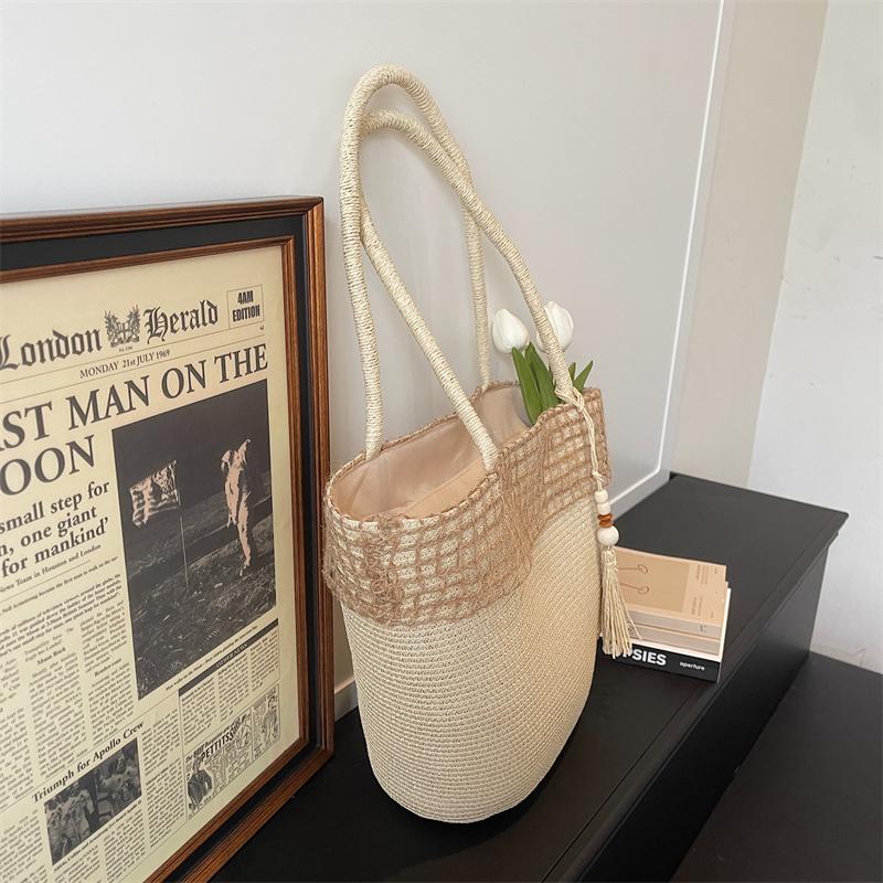 Woven Straw Tote Bag with Beaded Tassel and Open Top Design for Summer Beach or Casual Daily Use