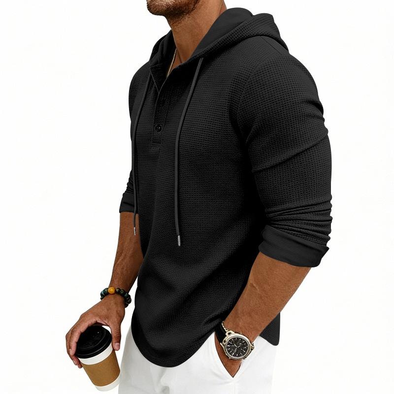Erkek S Waffle Örgü Kapüşonlu Uzun Kollu Henley Gömlek Günlük Sweatshirt