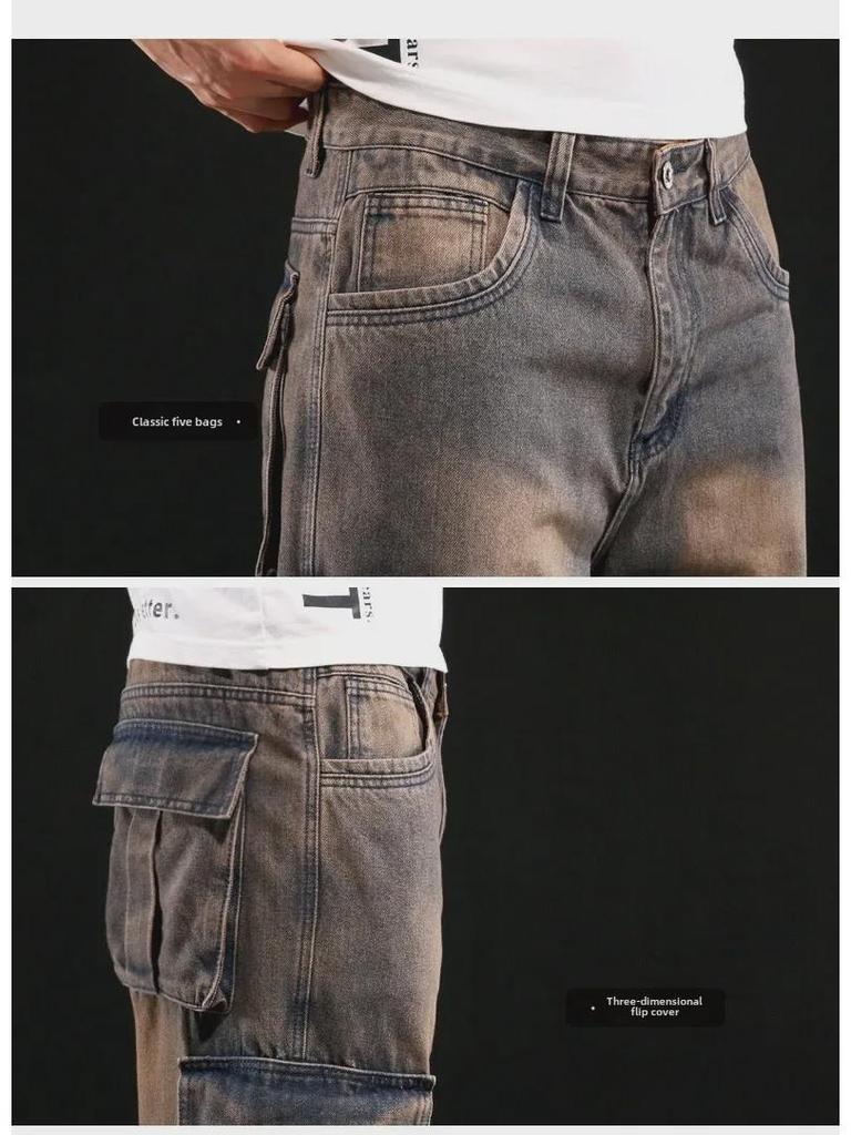 Men's American-Style Multi-Pocket Wide-Leg Loose Workwear Jeans, Large Size