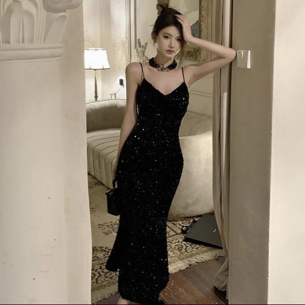 Sequin summer suspender skirt new high temperament spice girl slim mid-length dress dress sexy dress small man