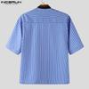 INCERUN Men Collarless Short Sleeve Stitching Striped Casual Shirts Tops