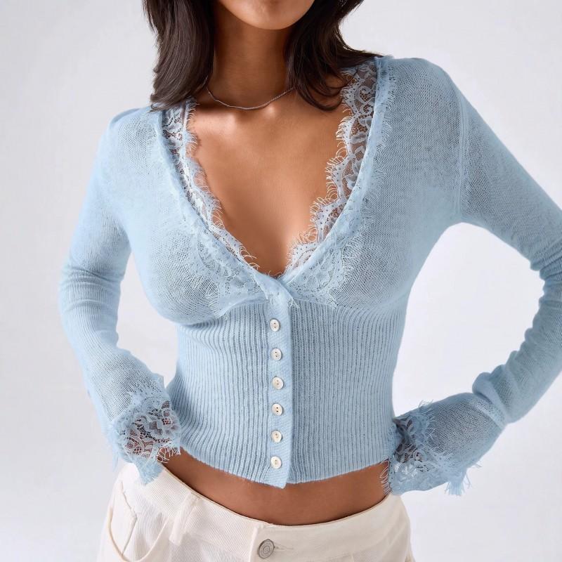 2026 Herbst Spitze Stricktop Damen Slim Fit V-Ausschnitt Langarm Pullover