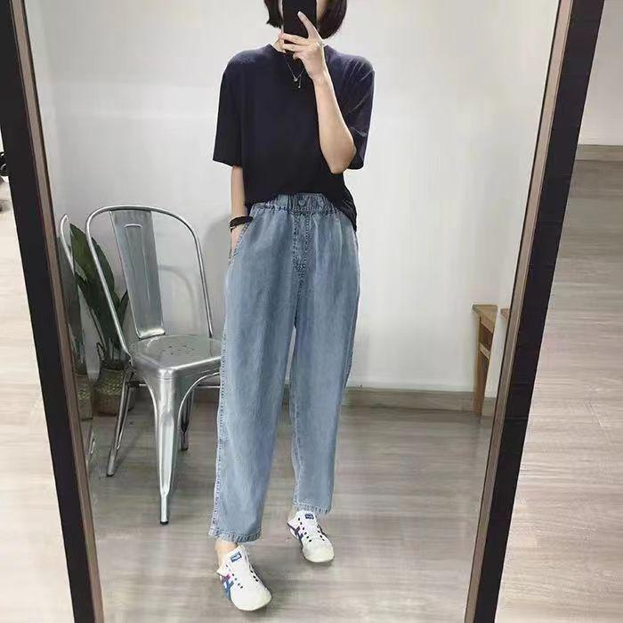 Women's Light Blue High-Waisted Tencel Denim Jeans, Loose Straight Leg, Petite & Plus Sizes, Summer Thin Style