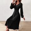 Women's Fashion Casual Solid Color V-neck Twisted Long-sleeve Dress