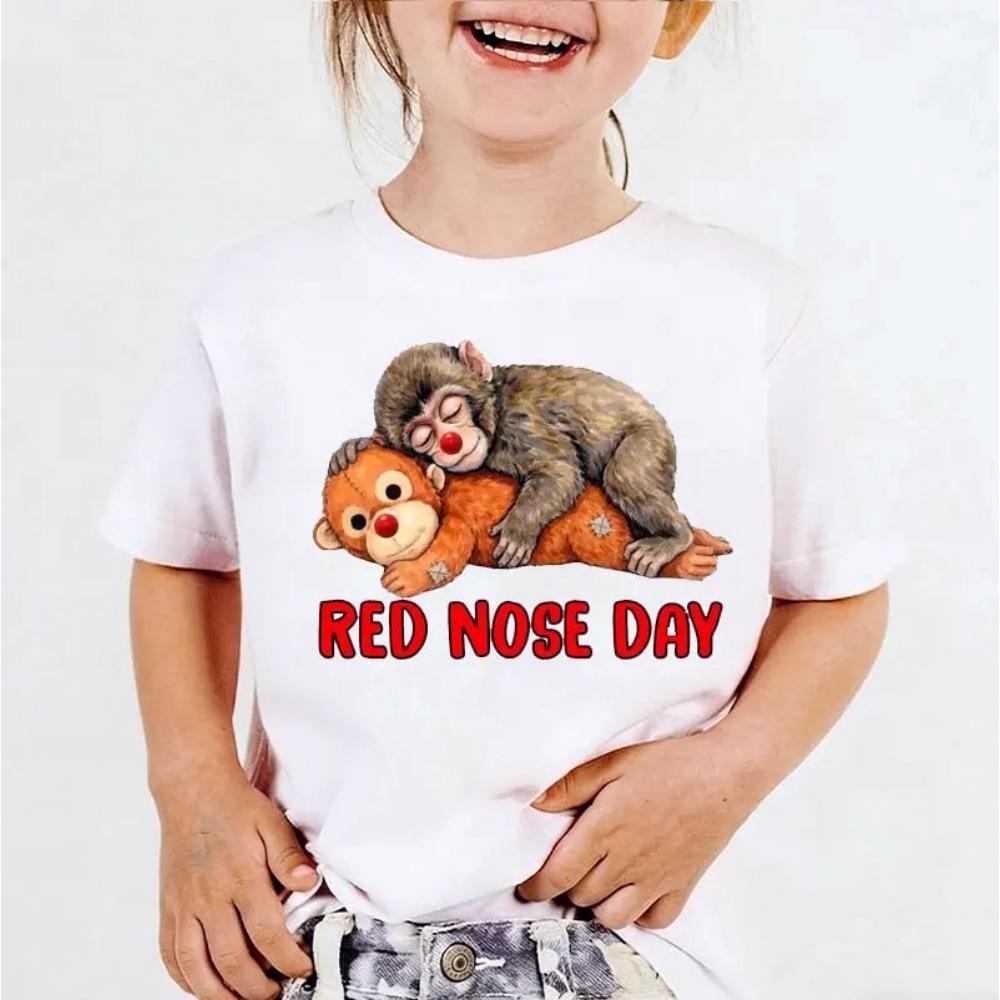Punch The Monkey Red Nose Day Girls and Boys T Shirt Cute Baby Monkey with Plush Toy Viral Meme Graphic Kids Casual Trendy Tops 110