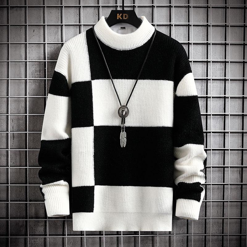 Brand Clothing Warm Autumn Winter Sweaters Men Casual Patchwork Color Knitted Pullovers Male Plaid Round Neck Sweater Man