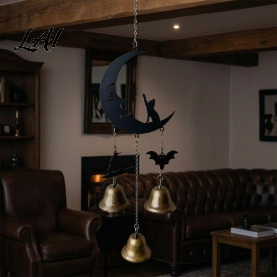Home Aesthetic Hanging Decor Halloween Broomstick Witch Bells Vintage Gothic Metal Wind Decorative Pendant for Patio Chime Door Wall Window