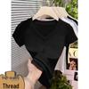 Plus Size Women's V-Neck Ribbed T-Shirt - Korean Style Bestseller, Short Sleeve, Spring/Summer Fashion, High Quality Solid Color Base Layer.