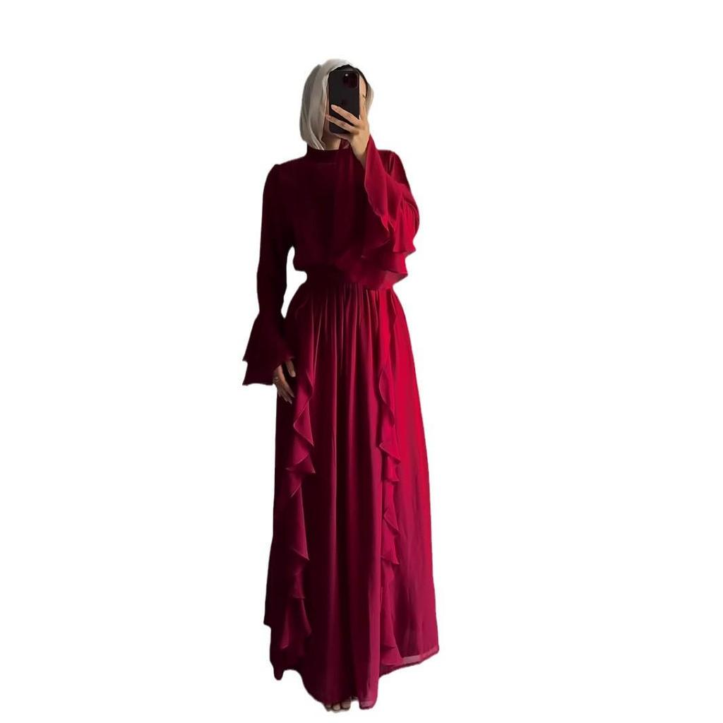 Autumn Chiffon Ruffle Semi-High Neck Long Dress
