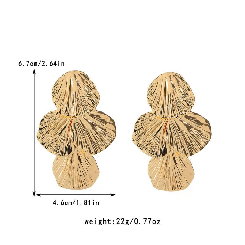 Layered Leaf Earrings With Textured Finish Zinc Alloy Gold Tone Fashion Jewelry Women
