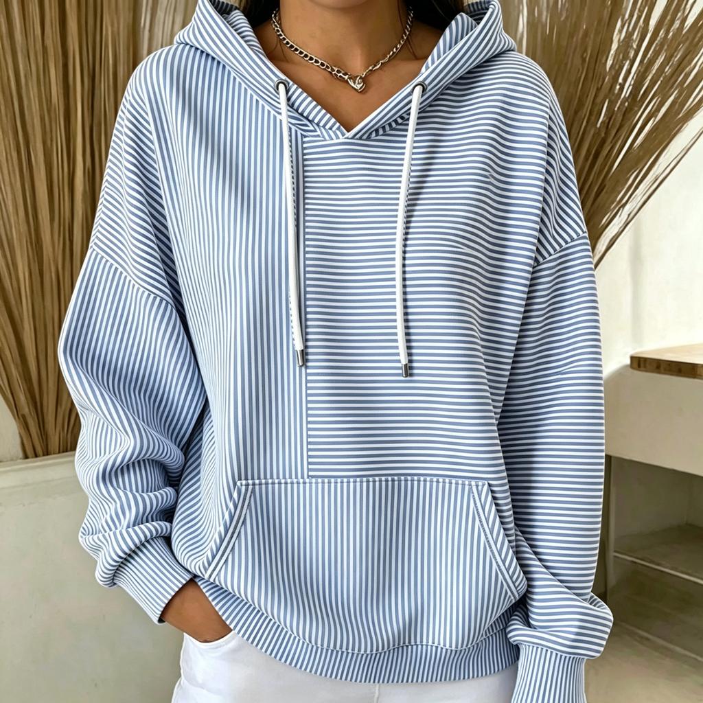 Women's Loose Fit Hooded Striped Long Sleeve Pullover with Pockets
