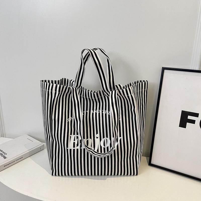 

Повсякденна полотняна сумка в смужку Легка сумка-портфель М’яка модна сумочка Пляжна жіноча сумка Weekender чорний