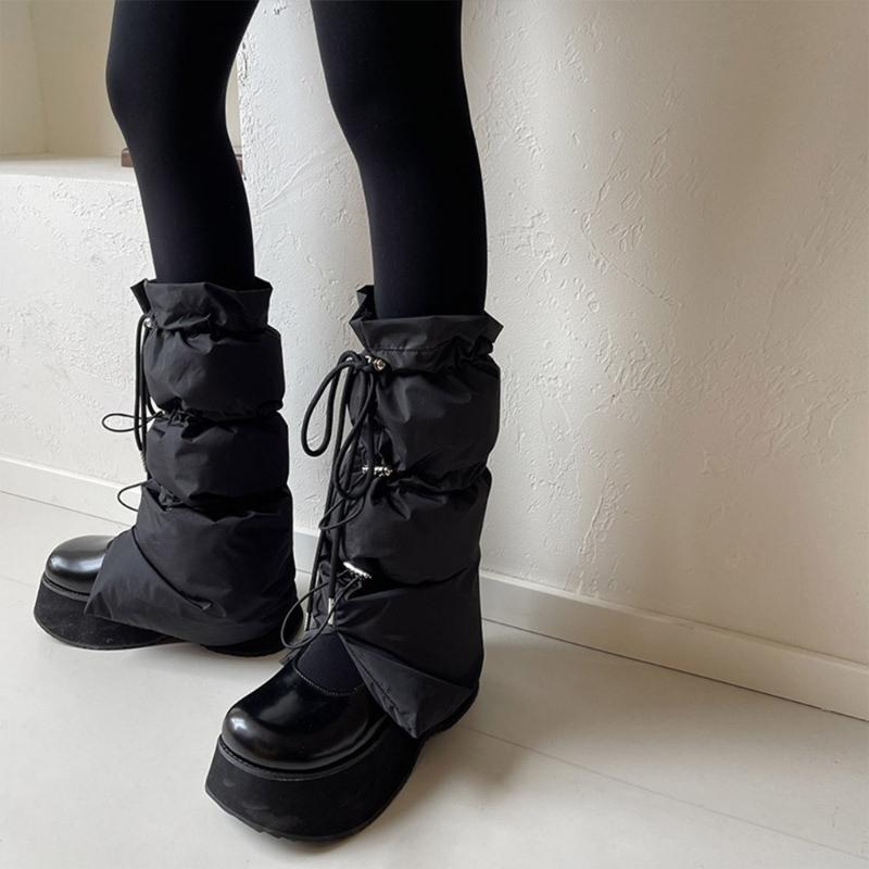 Women Winter Padded Puffer Leg Warmers for Outdoor and Sports Adjustable Drawstring Split Flared Boot Covers Cuffs Socks