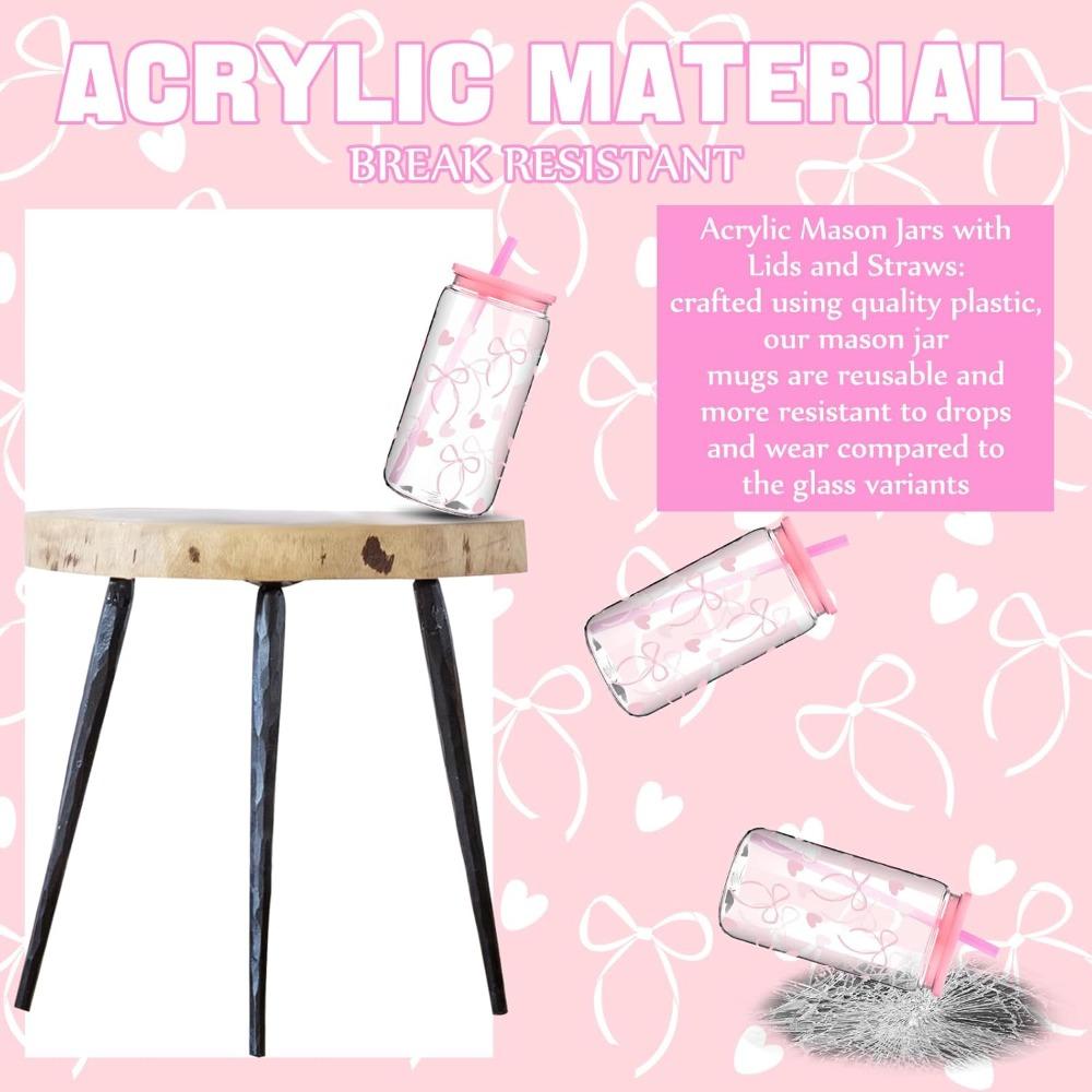 1 Stück Mode 16oz Pinke Schleife Plastik Thermobecher mit Deckel und Strohhalm, Perfekt für Eiskaffee, Ideales Geschenk für Frauen und Schwestern