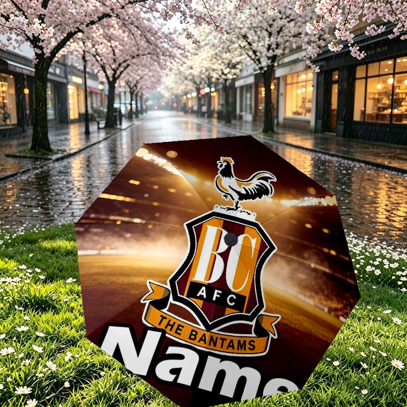Custom Name Personalized Bradford City AFC Print Umbrella, Auto Open Close, 8‑Rib Sturdy Frame, Commute Camping Hiking Use, Birthday Gift