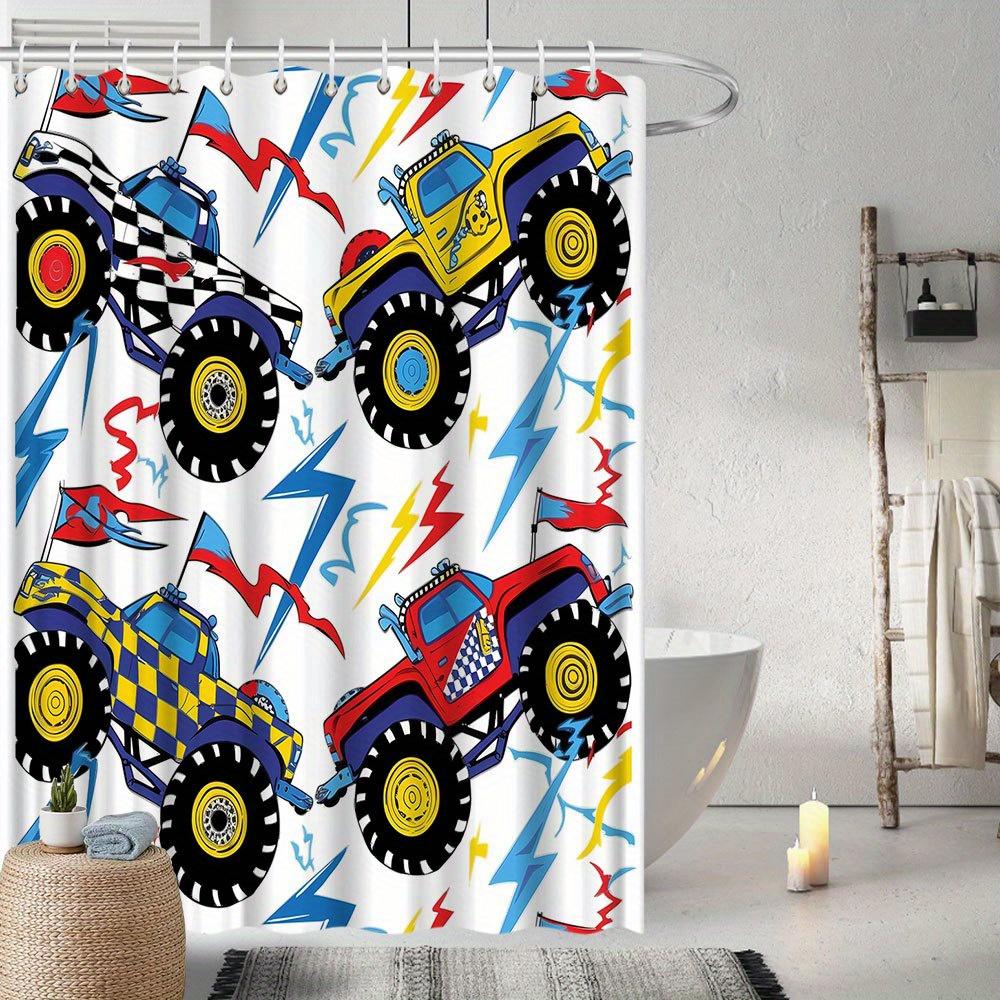 Monster Truck Shower Curtain – Playful Cartoon Cars, Bold Colors & Lightning Design, 70X70In, Polyester, Includes Hooks