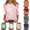 Womens Casual Three Quarter Sleeve Floral Print Crew Neck Top Relaxed Fit Lightweight Pullover Blouse for Everyday Wear