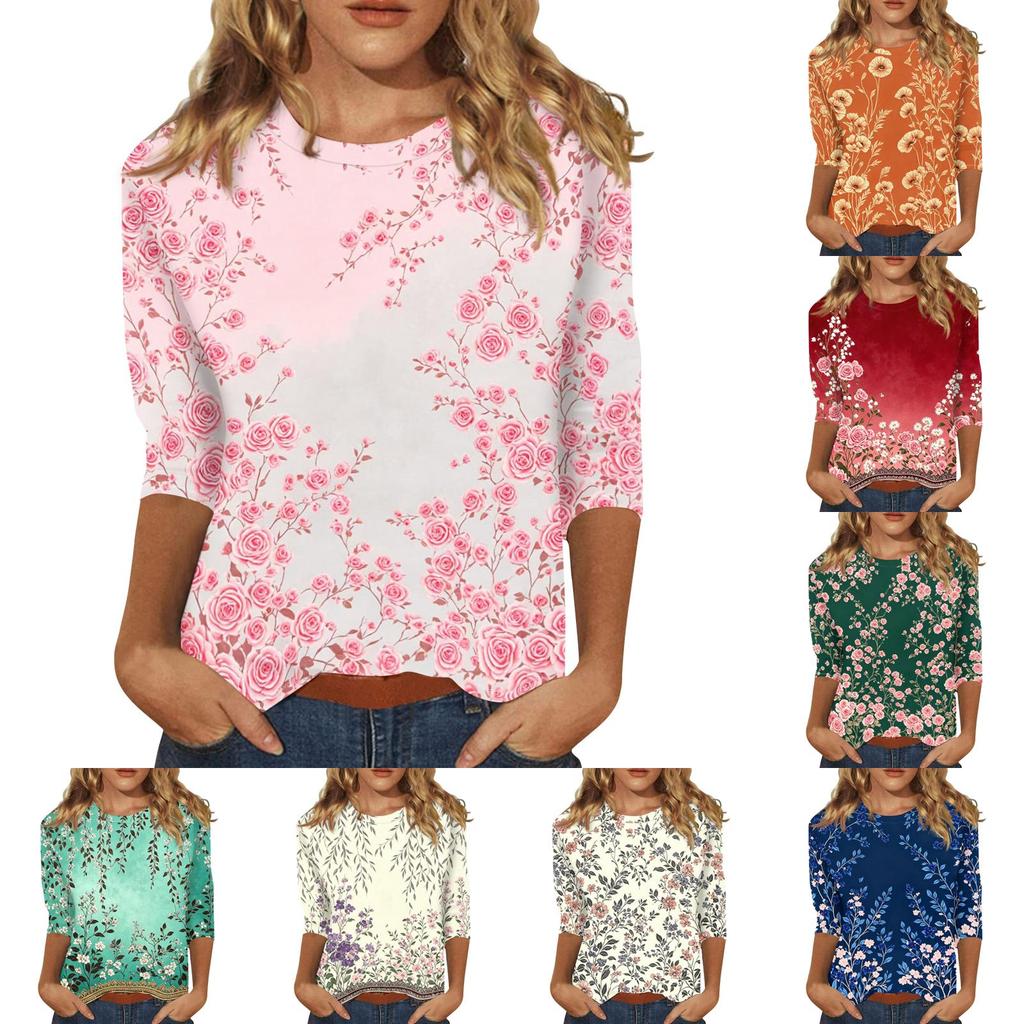 Womens Casual Three Quarter Sleeve Floral Print Crew Neck Top Relaxed Fit Lightweight Pullover Blouse for Everyday Wear