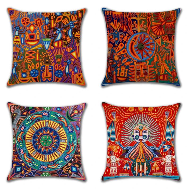 Hot Ethnic Mexico Patterns Linen Pillows Case Indian Apollo Abstract Painting Cushions Case Sofa Couch Throw Pillows Decor Home