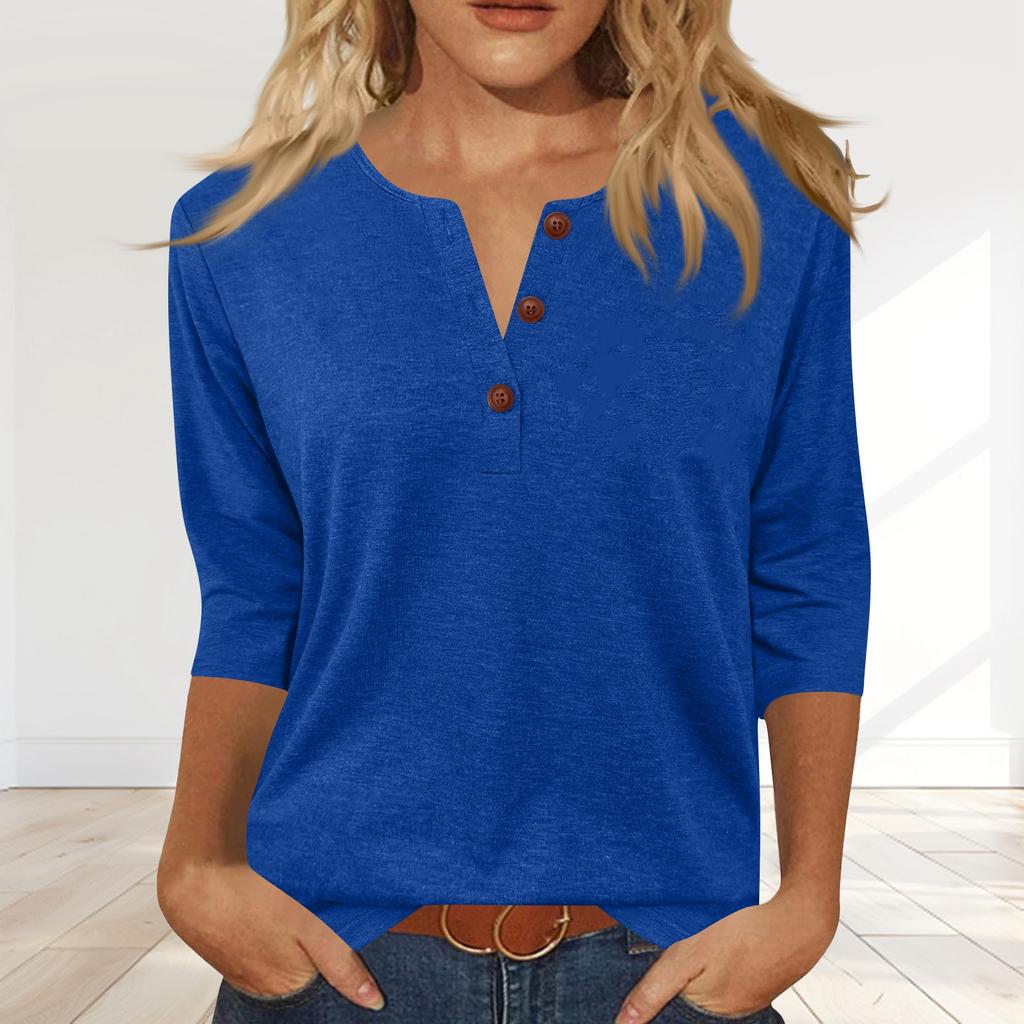 Women's Fashionable Casual Button-down Collar Three-quarter Sleeve T-shirt Top