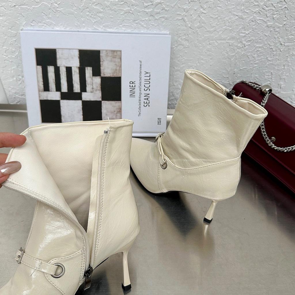 2025 autumn and winter new European and American style temperament high heel pointed high heel short boots fine heel character buckle side zipper wom