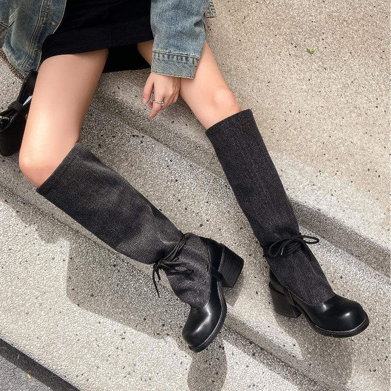 Thick Heel Strap Slim Big Tube Circumference Black Boots Women's 2025 New Fashion Spice Girl Long Tube Knight Boots